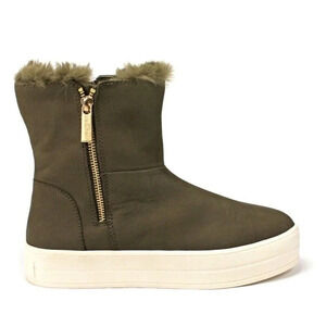 J/Slides Women’s Henley Waterproof High Top Sneaker Olive Green Leather Fur Sz 6